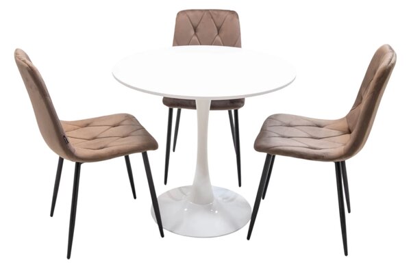 Set masa Innsbruck, DENVER, blat alb si picior alb cu 3 scaune Kobe maro, forma rotunda, 80x73 cm