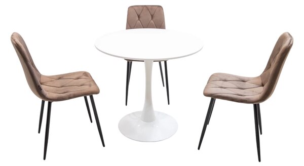 Set masa Innsbruck, DENVER, blat alb si picior alb cu 3 scaune Kobe maro, forma rotunda, 80x73 cm