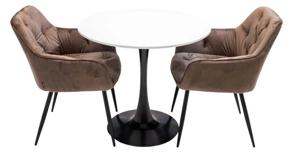 Set masa Innsbruck, DENVER, blat alb si picior negru cu 2 scaune Tokyo maro, forma rotunda, 80x73 cm