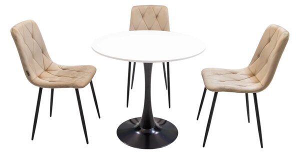 Set masa Innsbruck, DENVER, blat alb si picior negru cu 3 scaune Kobe bej, forma rotunda, 80x73 cm