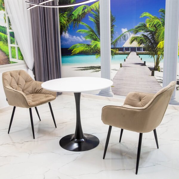 Set masa Innsbruck, DENVER, blat alb si picior negru cu 2 scaune Tokyo bej, forma rotunda, 80x73 cm