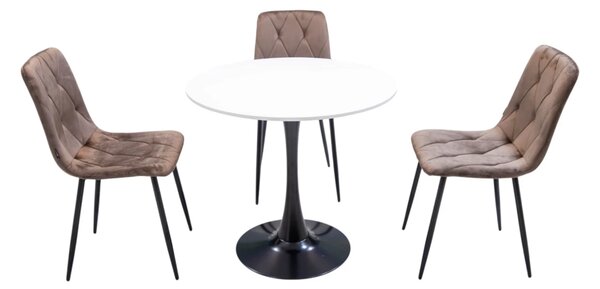 Set masa Innsbruck, DENVER, blat alb si picior negru cu 3 scaune Kobe maro, forma rotunda, 80x73 cm