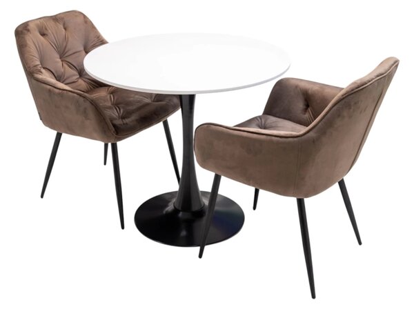 Set masa Innsbruck, DENVER, blat alb si picior negru cu 2 scaune Tokyo maro, forma rotunda, 80x73 cm