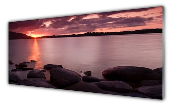 Tablou pe sticla Marea pietre Peisaj violet negru roz