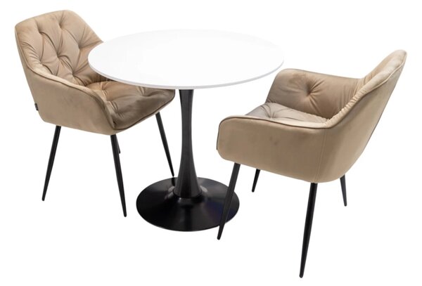 Set masa Innsbruck, DENVER, blat alb si picior negru cu 2 scaune Tokyo bej, forma rotunda, 80x73 cm