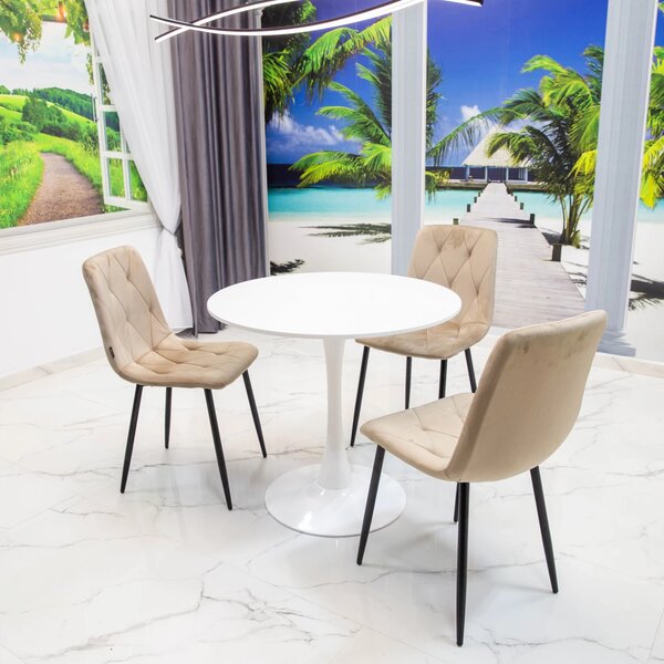 Set masa Innsbruck, DENVER, blat alb si picior alb cu 3 scaune Kobe bej, forma rotunda, 80x73 cm