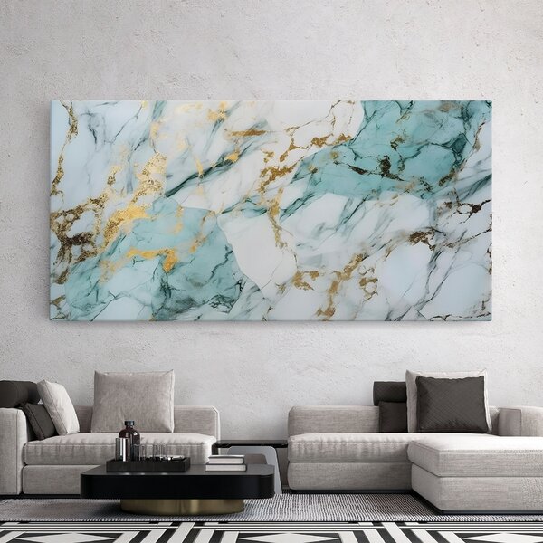 Tablou Canvas, 40x80cm, Dormitor si Living, Abstracte, Marble, Light Green Gold Line