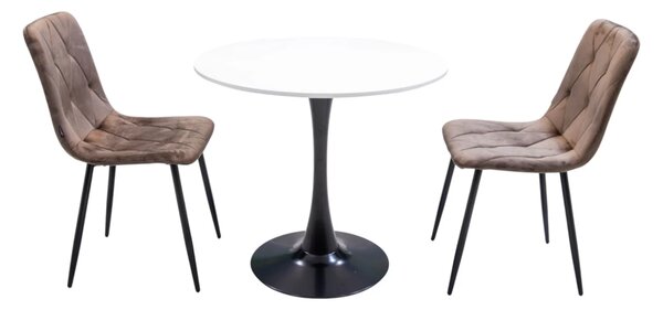 Set masa Innsbruck, DENVER, blat alb si picior negru cu 2 scaune Kobe maro, forma rotunda, 80x73 cm
