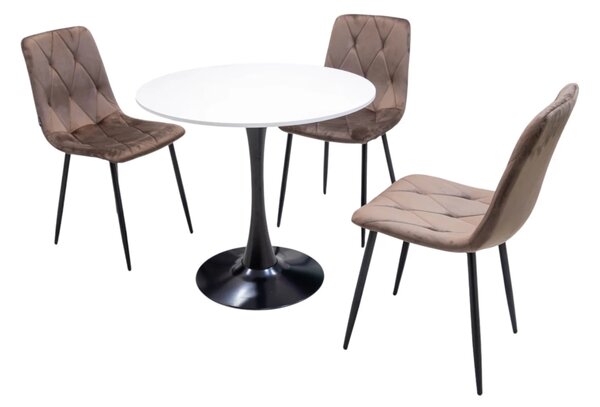 Set masa Innsbruck, DENVER, blat alb si picior negru cu 3 scaune Kobe maro, forma rotunda, 80x73 cm