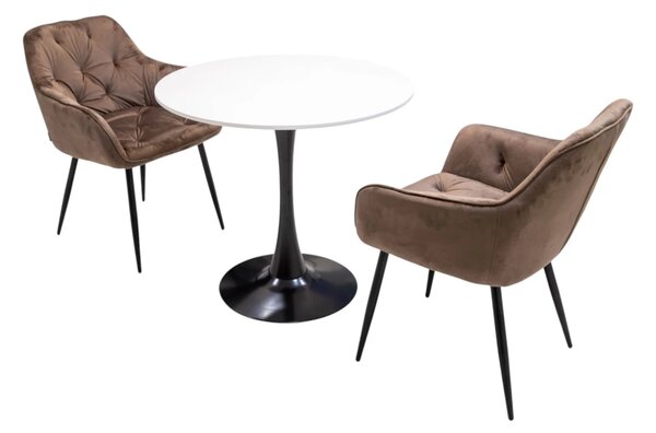 Set masa Innsbruck, DENVER, blat alb si picior negru cu 2 scaune Tokyo maro, forma rotunda, 80x73 cm