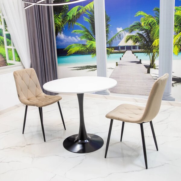 Set masa Innsbruck, DENVER, blat alb si picior negru cu 2 scaune Kobe bej, forma rotunda, 80x73 cm