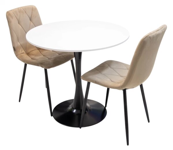 Set masa Innsbruck, DENVER, blat alb si picior negru cu 2 scaune Kobe bej, forma rotunda, 80x73 cm