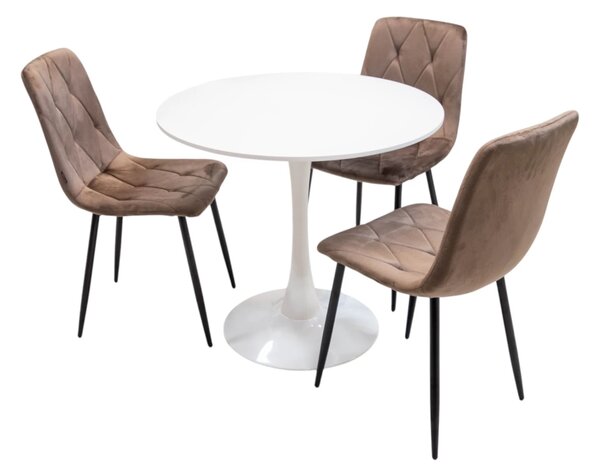 Set masa Innsbruck, DENVER, blat alb si picior alb cu 3 scaune Kobe maro, forma rotunda, 80x73 cm