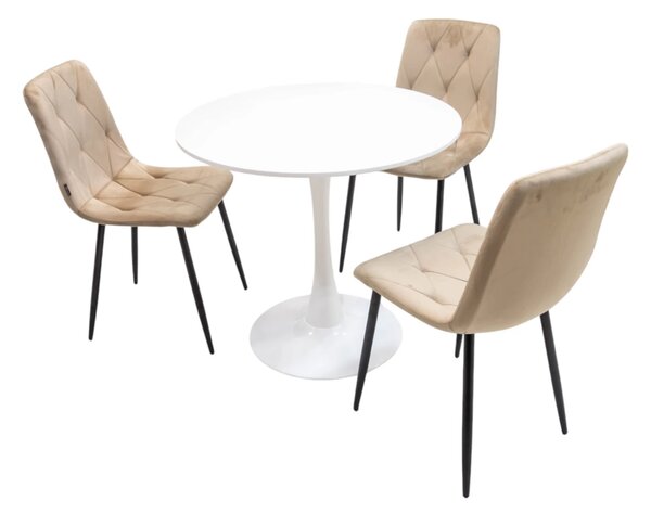 Set masa Innsbruck, DENVER, blat alb si picior alb cu 3 scaune Kobe bej, forma rotunda, 80x73 cm