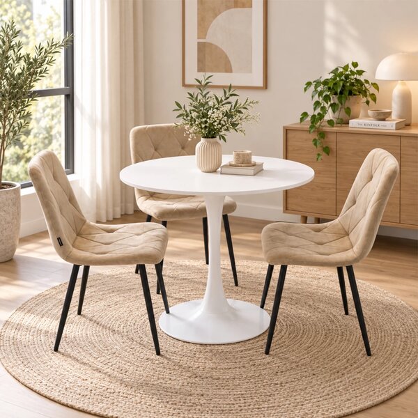 Set masa Innsbruck, DENVER, blat alb si picior alb cu 3 scaune Kobe bej, forma rotunda, 80x73 cm