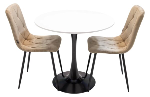 Set masa Innsbruck, DENVER, blat alb si picior negru cu 2 scaune Kobe bej, forma rotunda, 80x73 cm
