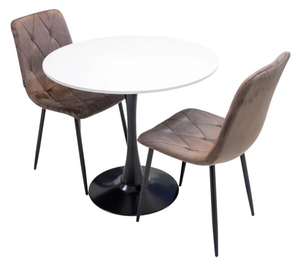 Set masa Innsbruck, DENVER, blat alb si picior negru cu 2 scaune Kobe maro, forma rotunda, 80x73 cm