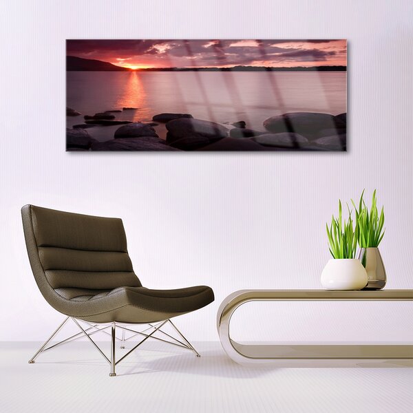 Tablou pe sticla Marea pietre Peisaj violet negru roz