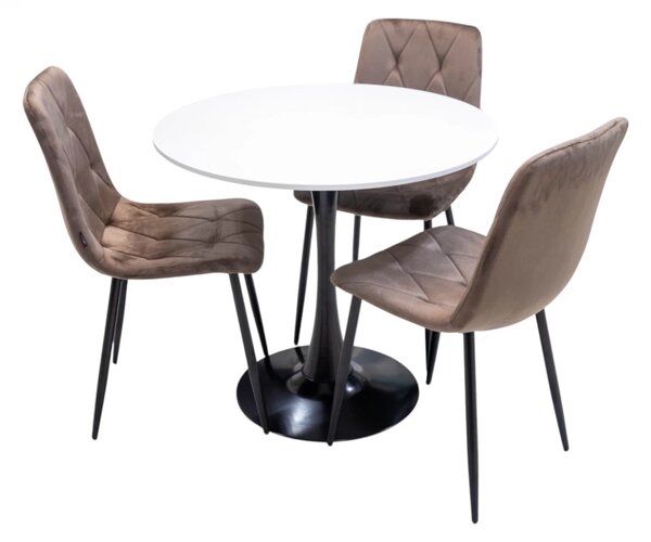 Set masa Innsbruck, DENVER, blat alb si picior negru cu 3 scaune Kobe maro, forma rotunda, 80x73 cm