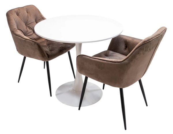 Set masa Innsbruck, DENVER, blat alb si picior alb cu 2 scaune Tokyo maro, forma rotunda, 80x73 cm