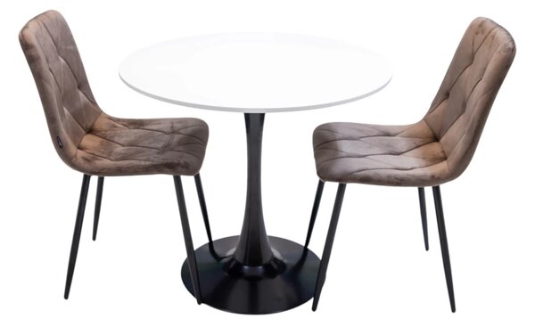 Set masa Innsbruck, DENVER, blat alb si picior negru cu 2 scaune Kobe maro, forma rotunda, 80x73 cm
