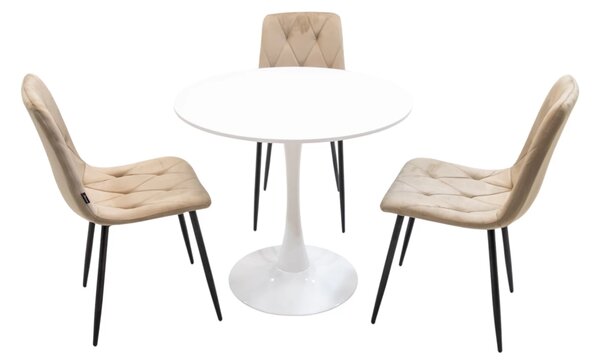 Set masa Innsbruck, DENVER, blat alb si picior alb cu 3 scaune Kobe bej, forma rotunda, 80x73 cm