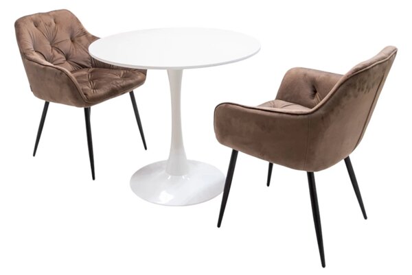 Set masa Innsbruck, DENVER, blat alb si picior alb cu 2 scaune Tokyo maro, forma rotunda, 80x73 cm