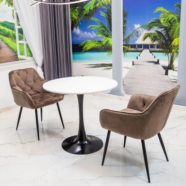 Set masa Innsbruck, DENVER, blat alb si picior negru cu 2 scaune Tokyo maro, forma rotunda, 80x73 cm