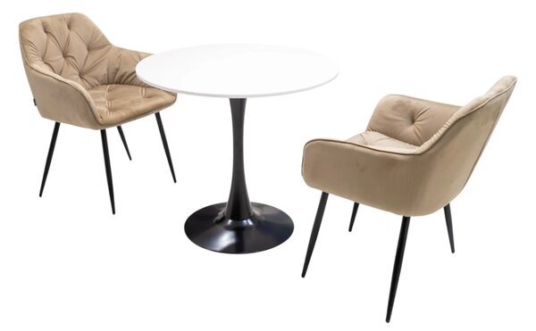 Set masa Innsbruck, DENVER, blat alb si picior negru cu 2 scaune Tokyo bej, forma rotunda, 80x73 cm