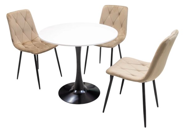 Set masa Innsbruck, DENVER, blat alb si picior negru cu 3 scaune Kobe bej, forma rotunda, 80x73 cm