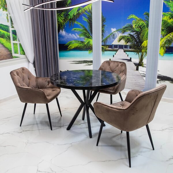 Set masa Hamburg Black Marble cu 3 scaune Tokyo maro, DENVER, picioare metalice negre, forma rotunda, 90x73 cm