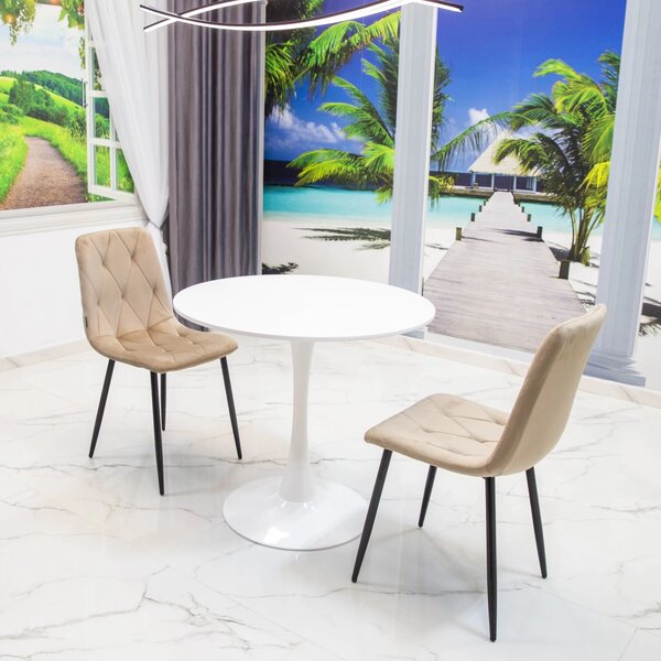 Set masa Innsbruck, DENVER, blat alb si picior alb cu 2 scaune Kobe bej, forma rotunda, 80x73 cm