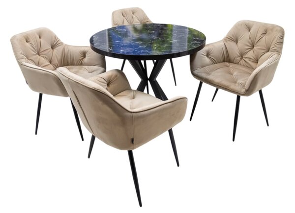 Set masa Hamburg Black Marble cu 4 scaune Tokyo bej, DENVER, picioare metalice negre, forma rotunda, 90x73 cm