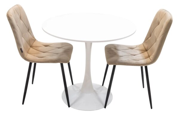 Set masa Innsbruck, DENVER, blat alb si picior alb cu 2 scaune Kobe bej, forma rotunda, 80x73 cm