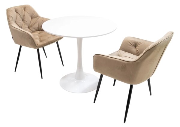 Set masa Innsbruck, DENVER, blat alb si picior alb cu 2 scaune Tokyo bej, forma rotunda, 80x73 cm