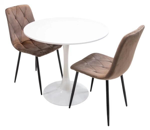 Set masa Innsbruck, DENVER, blat alb si picior alb cu 2 scaune Kobe maro, forma rotunda, 80x73 cm