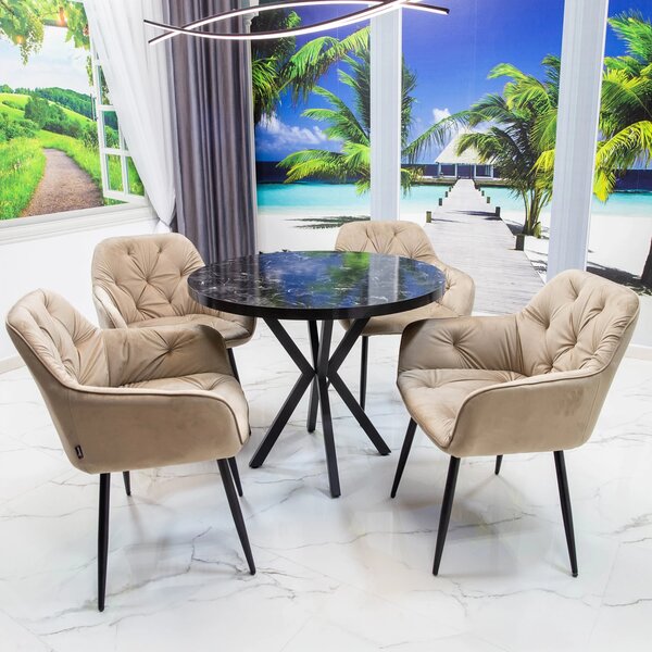 Set masa Hamburg Black Marble cu 4 scaune Tokyo bej, DENVER, picioare metalice negre, forma rotunda, 90x73 cm