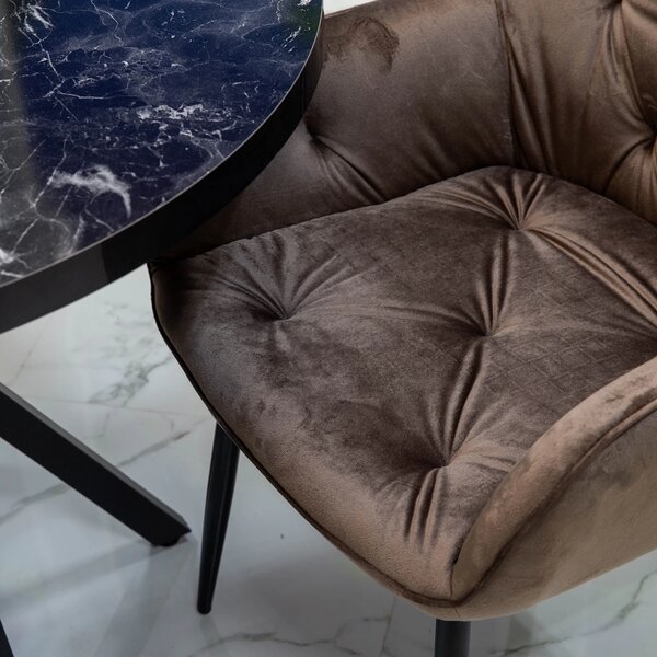 Set masa Hamburg Black Marble cu 4 scaune Tokyo maro, DENVER, picioare metalice negre, forma rotunda, 90x73 cm