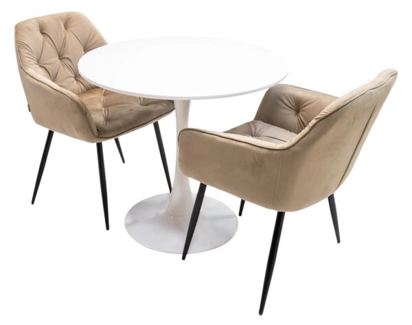 Set masa Innsbruck, DENVER, blat alb si picior alb cu 2 scaune Tokyo bej, forma rotunda, 80x73 cm