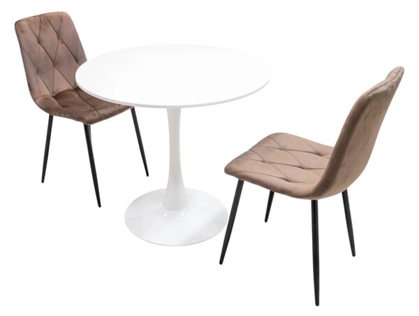 Set masa Innsbruck, DENVER, blat alb si picior alb cu 2 scaune Kobe maro, forma rotunda, 80x73 cm