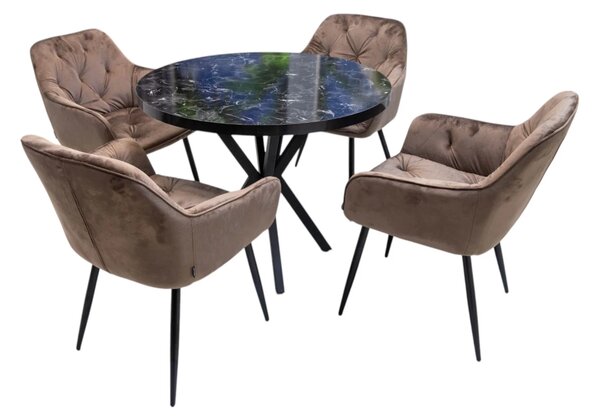 Set masa Hamburg Black Marble cu 4 scaune Tokyo maro, DENVER, picioare metalice negre, forma rotunda, 90x73 cm