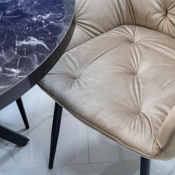 Set masa Hamburg Black Marble cu 2 scaune Tokyo bej, DENVER, picioare metalice negre, forma rotunda, 90x73 cm