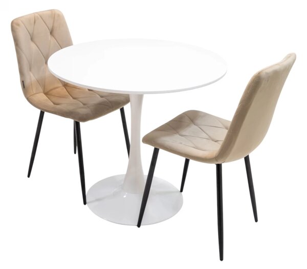 Set masa Innsbruck, DENVER, blat alb si picior alb cu 2 scaune Kobe bej, forma rotunda, 80x73 cm