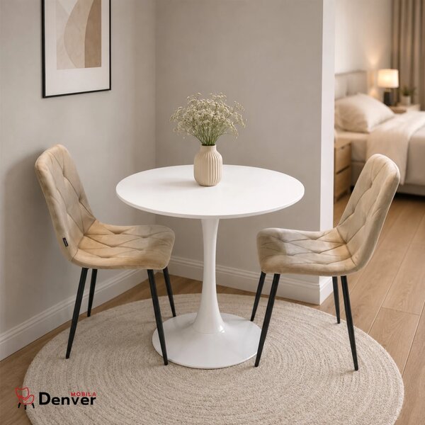 Set masa Innsbruck, DENVER, blat alb si picior alb cu 2 scaune Kobe bej, forma rotunda, 80x73 cm