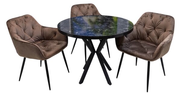 Set masa Hamburg Black Marble cu 3 scaune Tokyo maro, DENVER, picioare metalice negre, forma rotunda, 90x73 cm