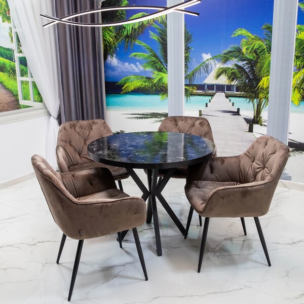 Set masa Hamburg Black Marble cu 4 scaune Tokyo maro, DENVER, picioare metalice negre, forma rotunda, 90x73 cm