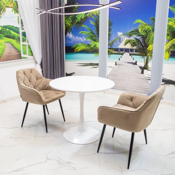 Set masa Innsbruck, DENVER, blat alb si picior alb cu 2 scaune Tokyo bej, forma rotunda, 80x73 cm