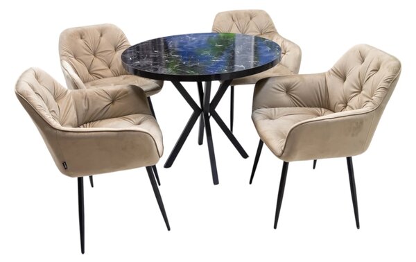 Set masa Hamburg Black Marble cu 4 scaune Tokyo bej, DENVER, picioare metalice negre, forma rotunda, 90x73 cm
