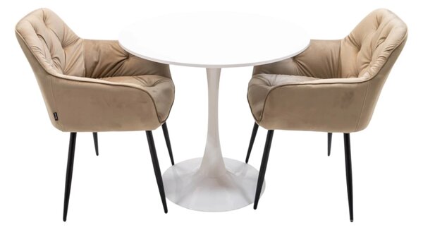 Set masa Innsbruck, DENVER, blat alb si picior alb cu 2 scaune Tokyo bej, forma rotunda, 80x73 cm