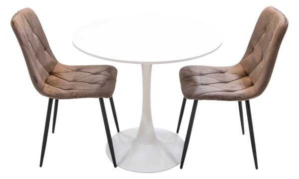 Set masa Innsbruck, DENVER, blat alb si picior alb cu 2 scaune Kobe maro, forma rotunda, 80x73 cm